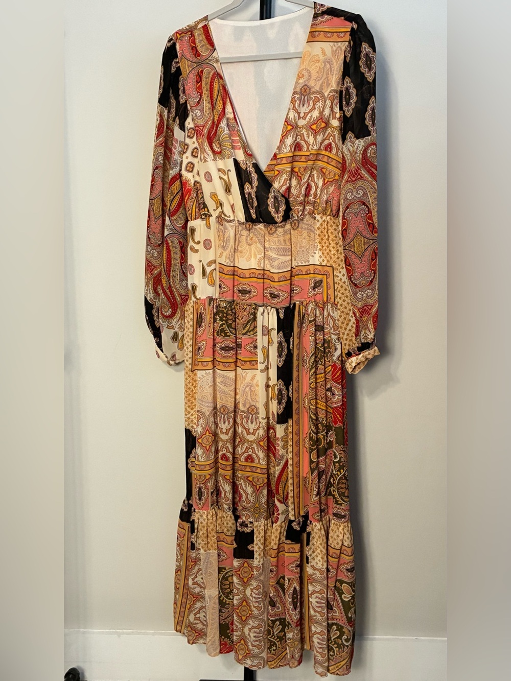 Boho Paisley Long Sleeve Maxi Dress Surplice V Neck - Pink Multi Large
